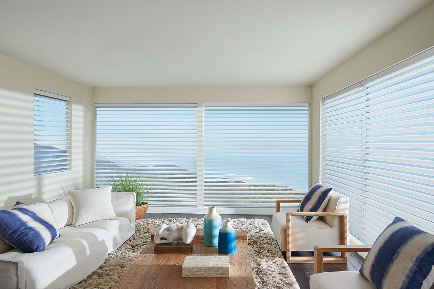 a modern living room with sheer shades